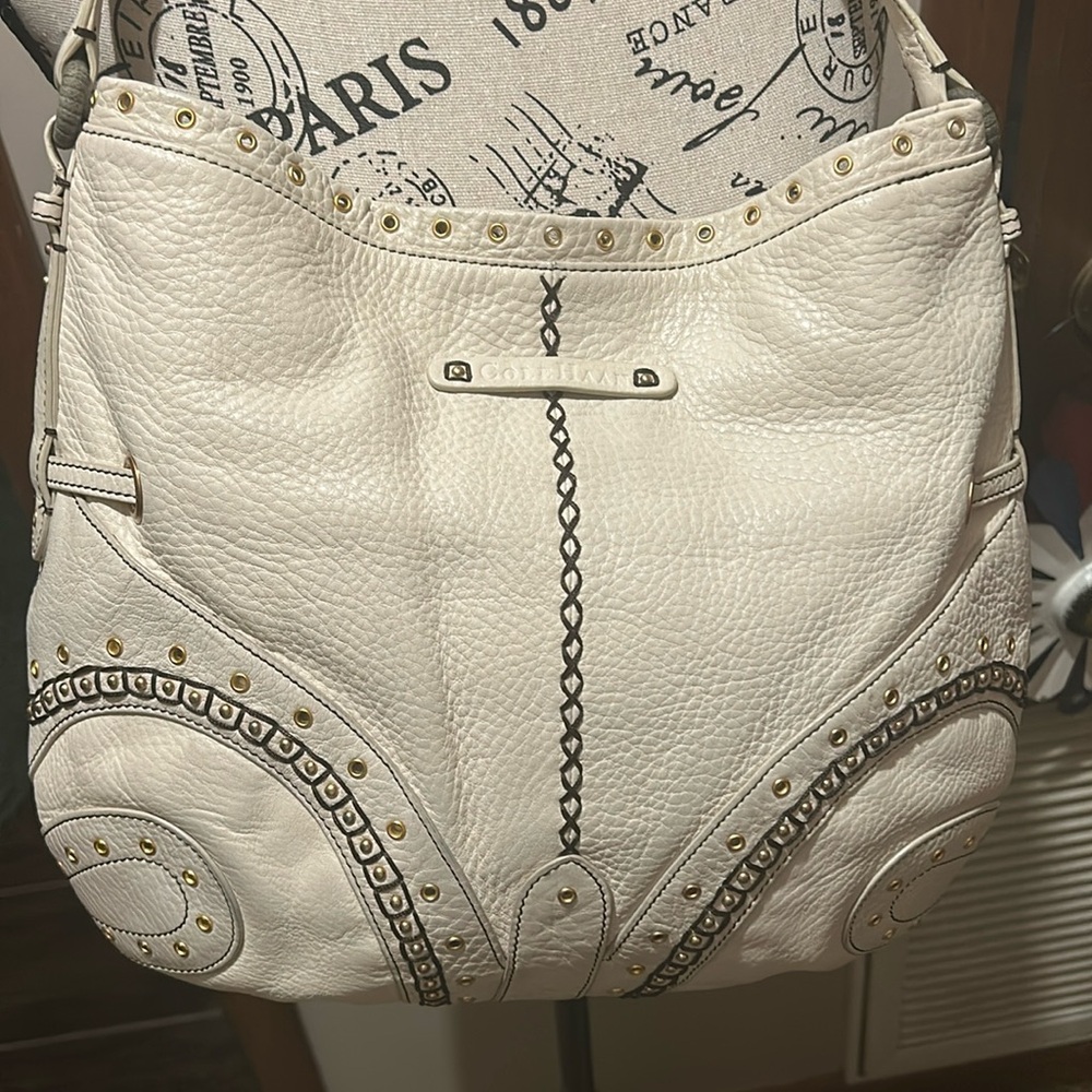 Vintage Cole Haan Cream Leather Shoulder Bag with beautiful stitching detail